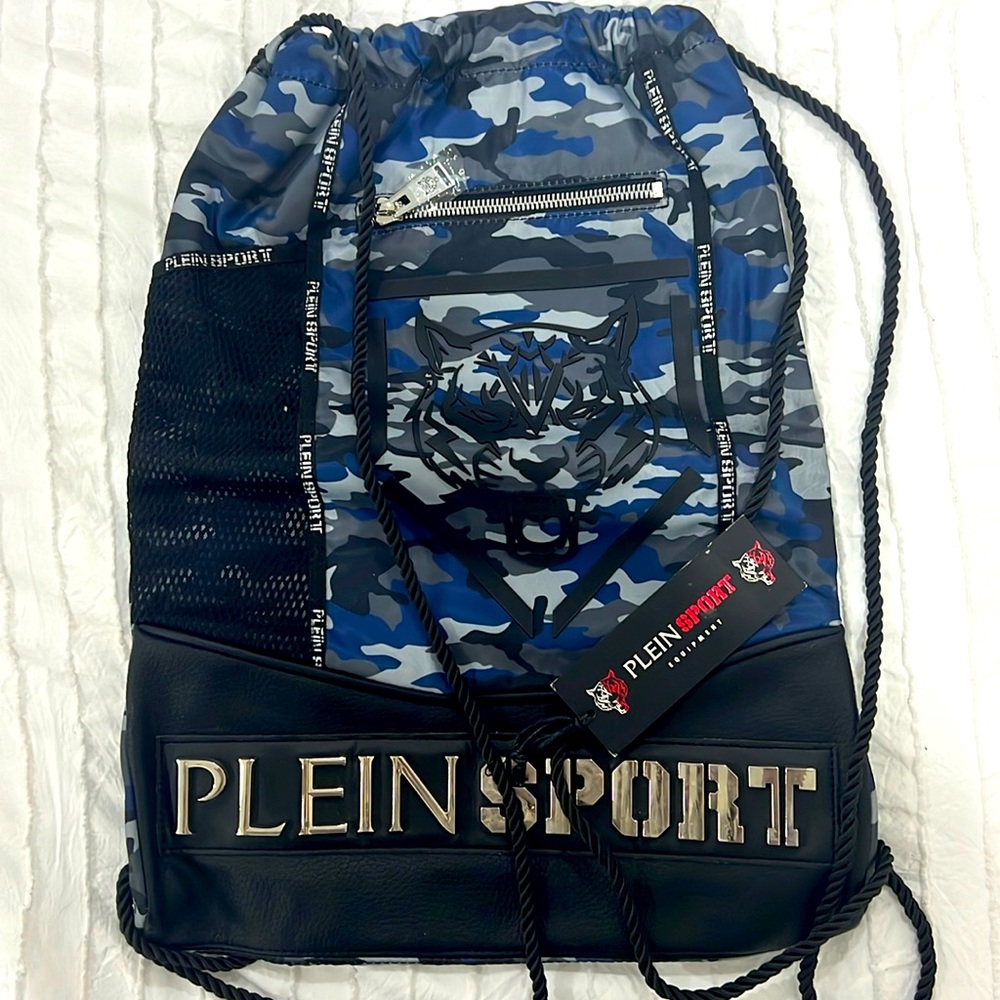 Plein Sport Blue & Black Camo Drawstring Bag – Lightweight Unisex Streetwear
